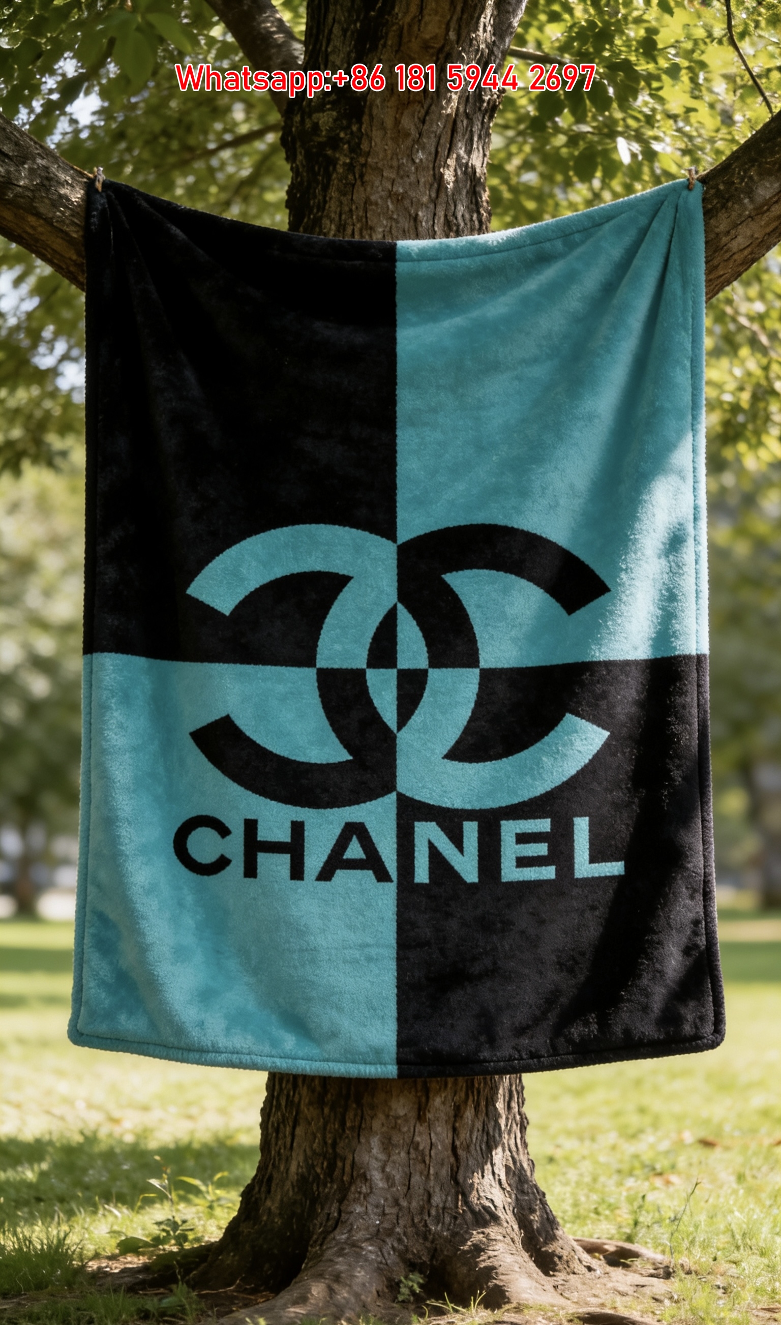 Bold Teal Black Checkerboard Chanel Double C Logo Flannel Sofa Throw Blanket IMG_6991